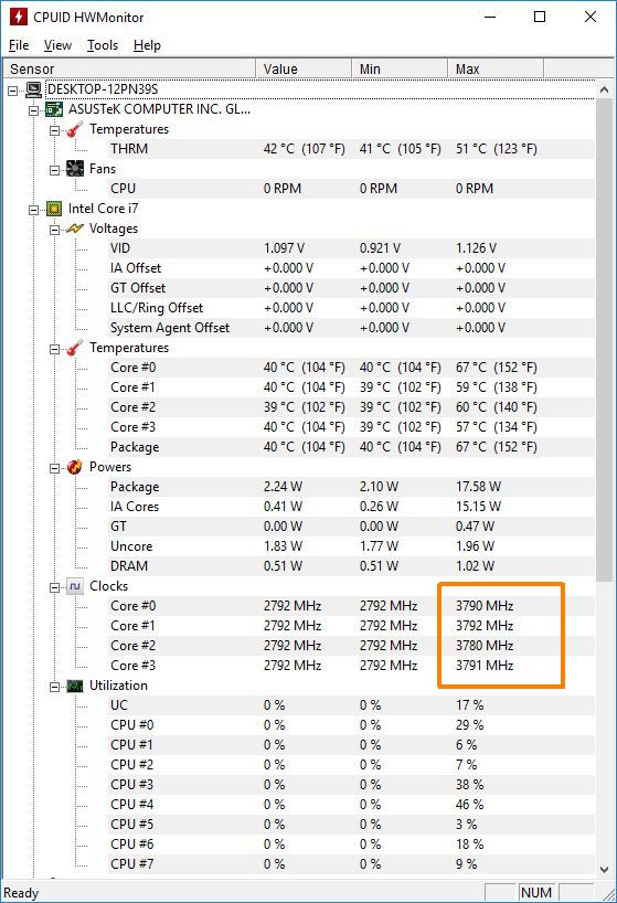 CPUID HWMonitor - Turbo boost enabled