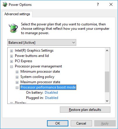 Windows 10 - Advanced Power Management Settings - Processor performance boost mode