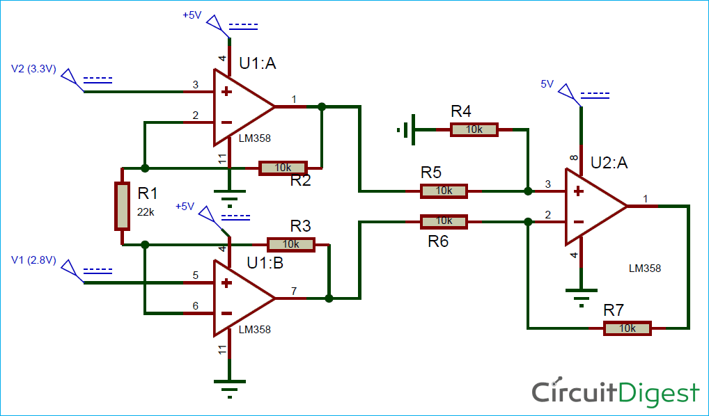 Circuit Diagram for Instrumentation Amplifier Circuit using Op-Amp