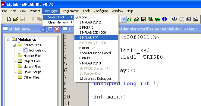 MPLAB SIM is selected as the debug engine from the Debugger menu. Note the other functions on the debug menu, such as Run, Step, and Breakpoints.