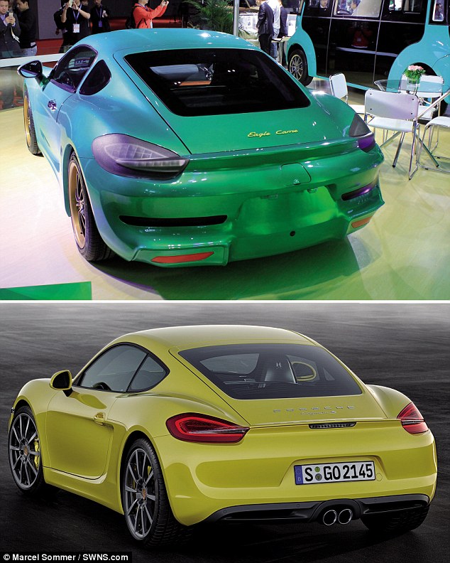 The back of the Chinese car (top) also appears to look like the body and rear of a Porsche Cayman (bottom)