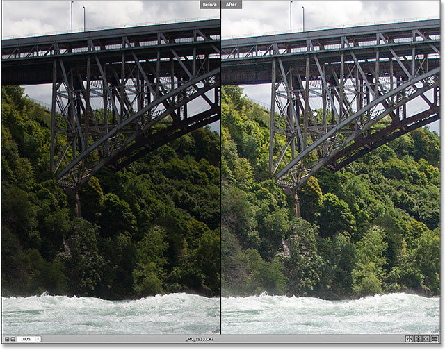 Both versions of the image zoom and scroll together in Camera Raw. 