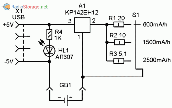 Принципиальная схема приставки к блоку питания на +5В для зарядки NiCd и NiMH аккумуляторов