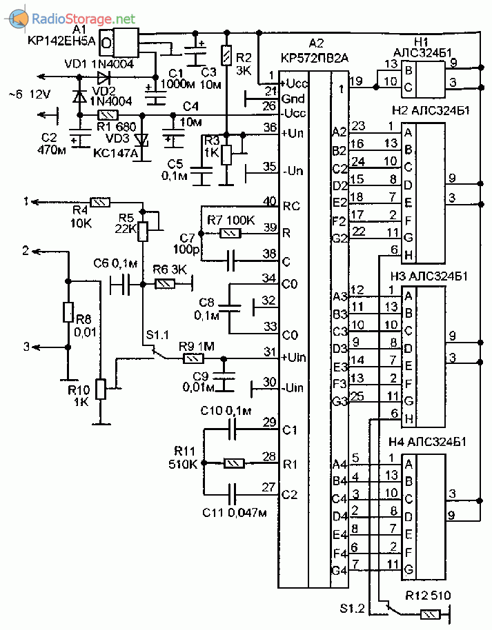 Принципиальная схема цифрового вольтметра на микросхеме КР571ПВ2А и индикаторах АЛС324Б